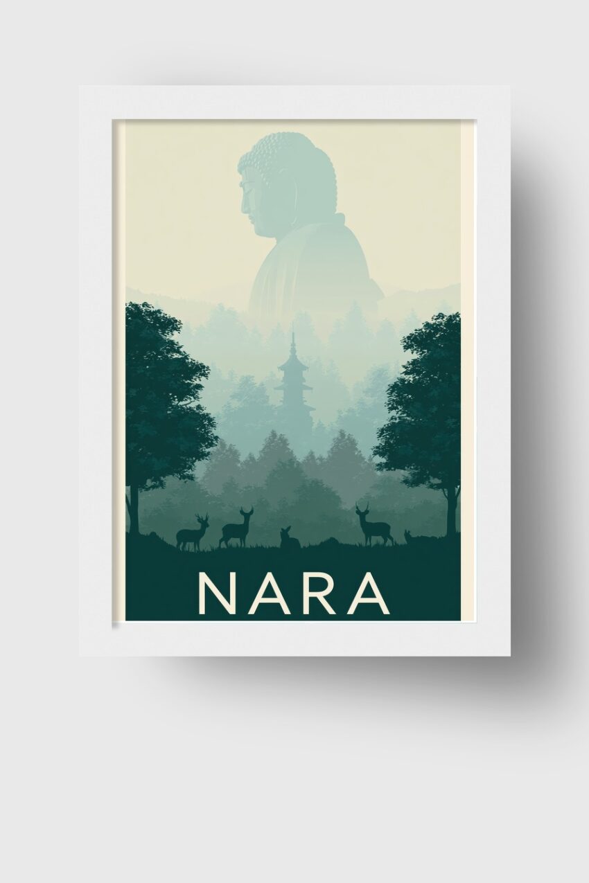 Grafik Poster Buddha Statue Nebel Wald grün blau