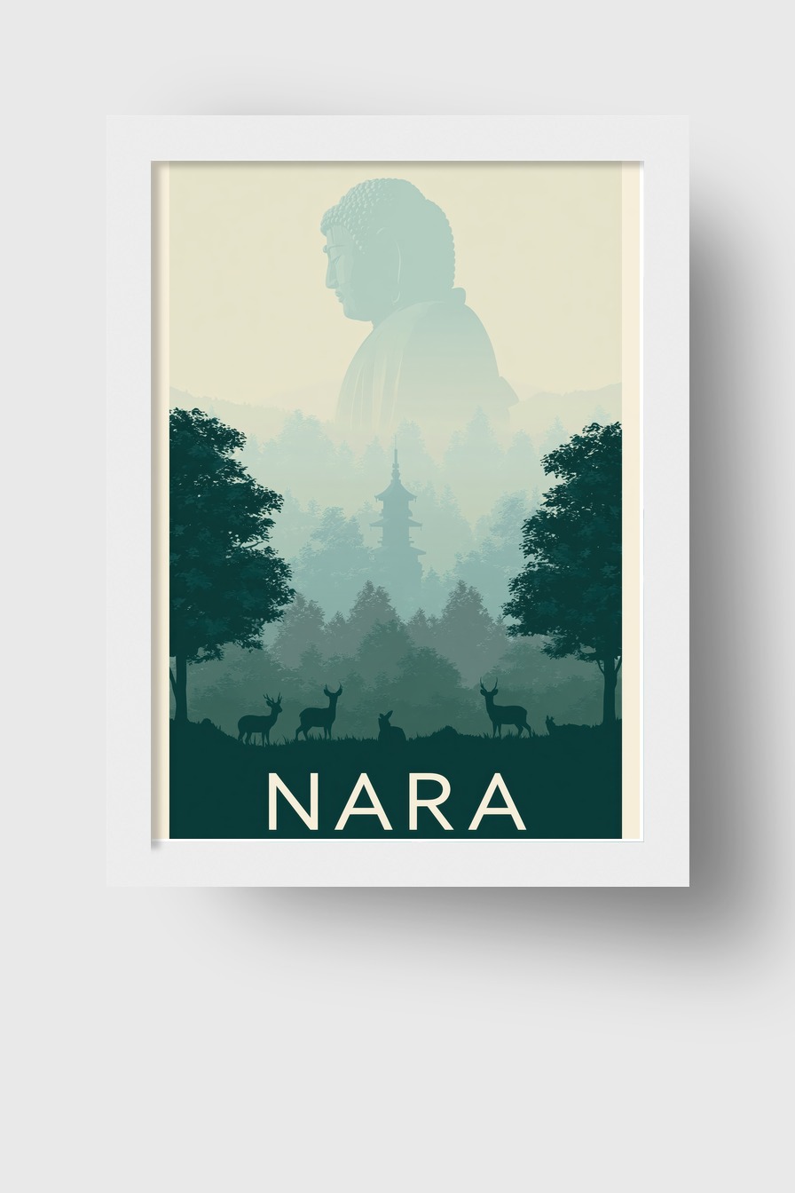Grafik Poster Buddha Statue Nebel Wald grün blau