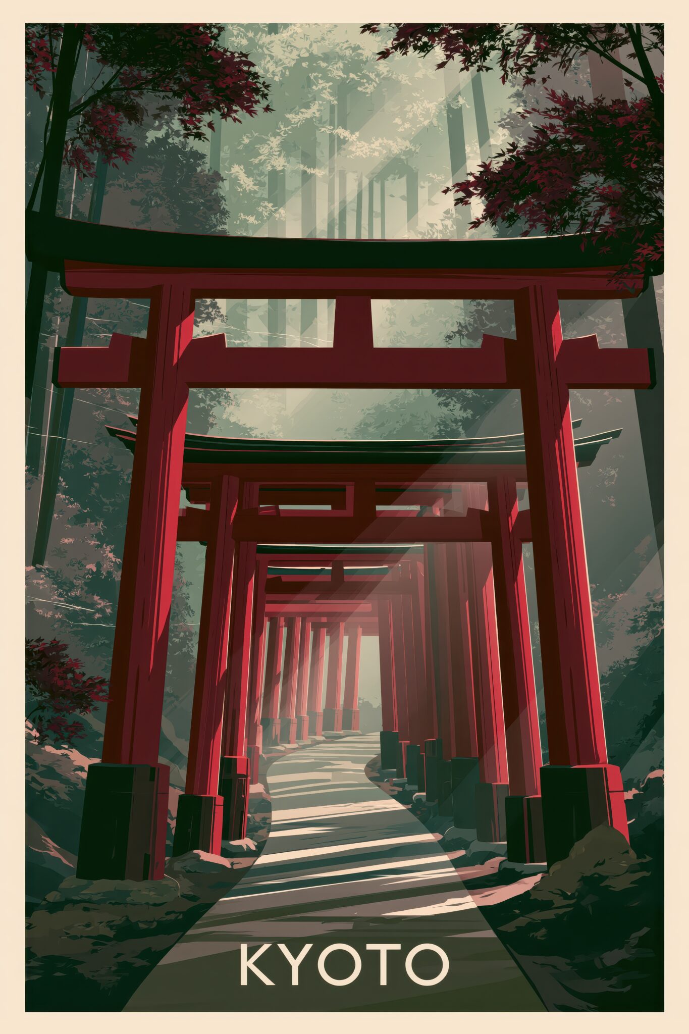 Grafik Poster Torii Reihen rot Wald Licht