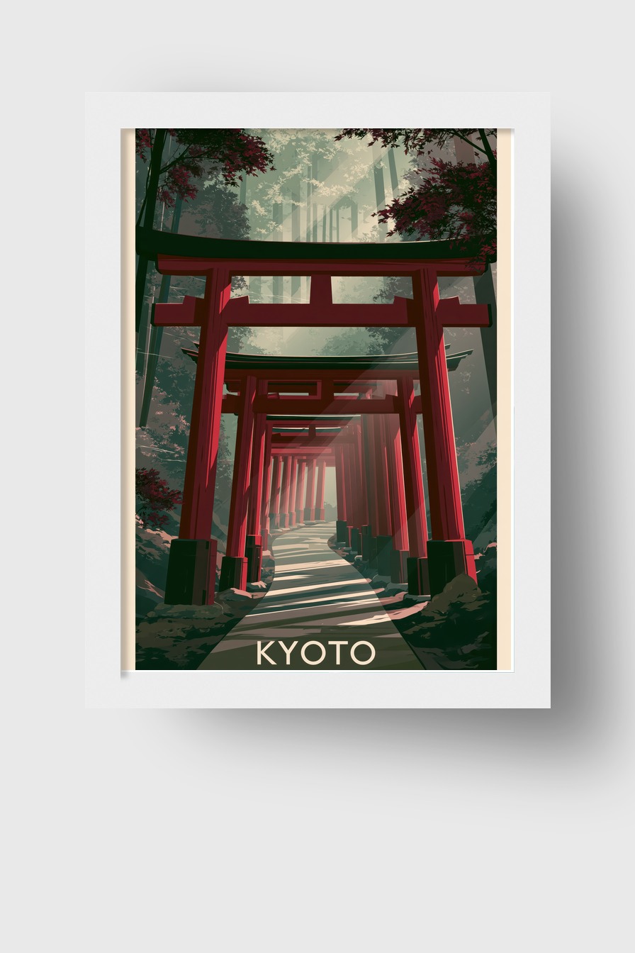 Grafik Poster Torii Reihen rot Wald Licht