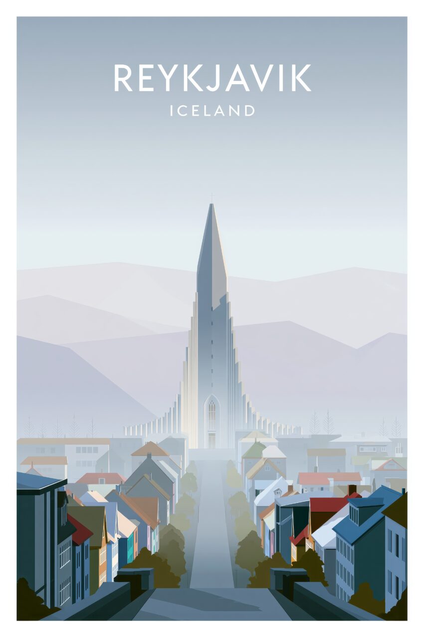 Grafik Poster Hallgrímskirkja Reykjavik kühle Farbpalette minimalistisch