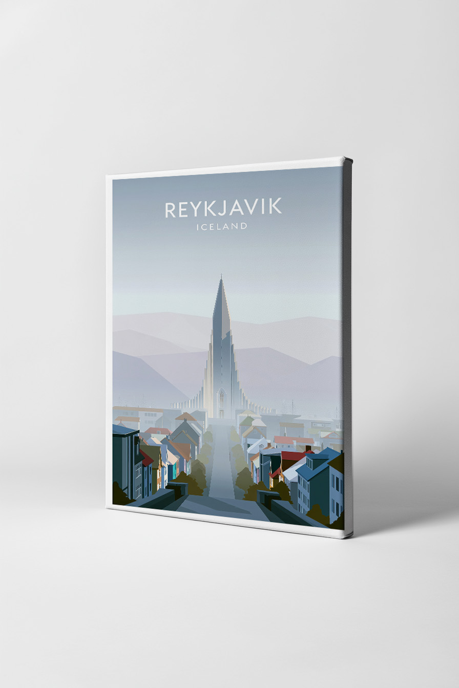 Grafik Poster Hallgrímskirkja Reykjavik kühle Farbpalette minimalistisch