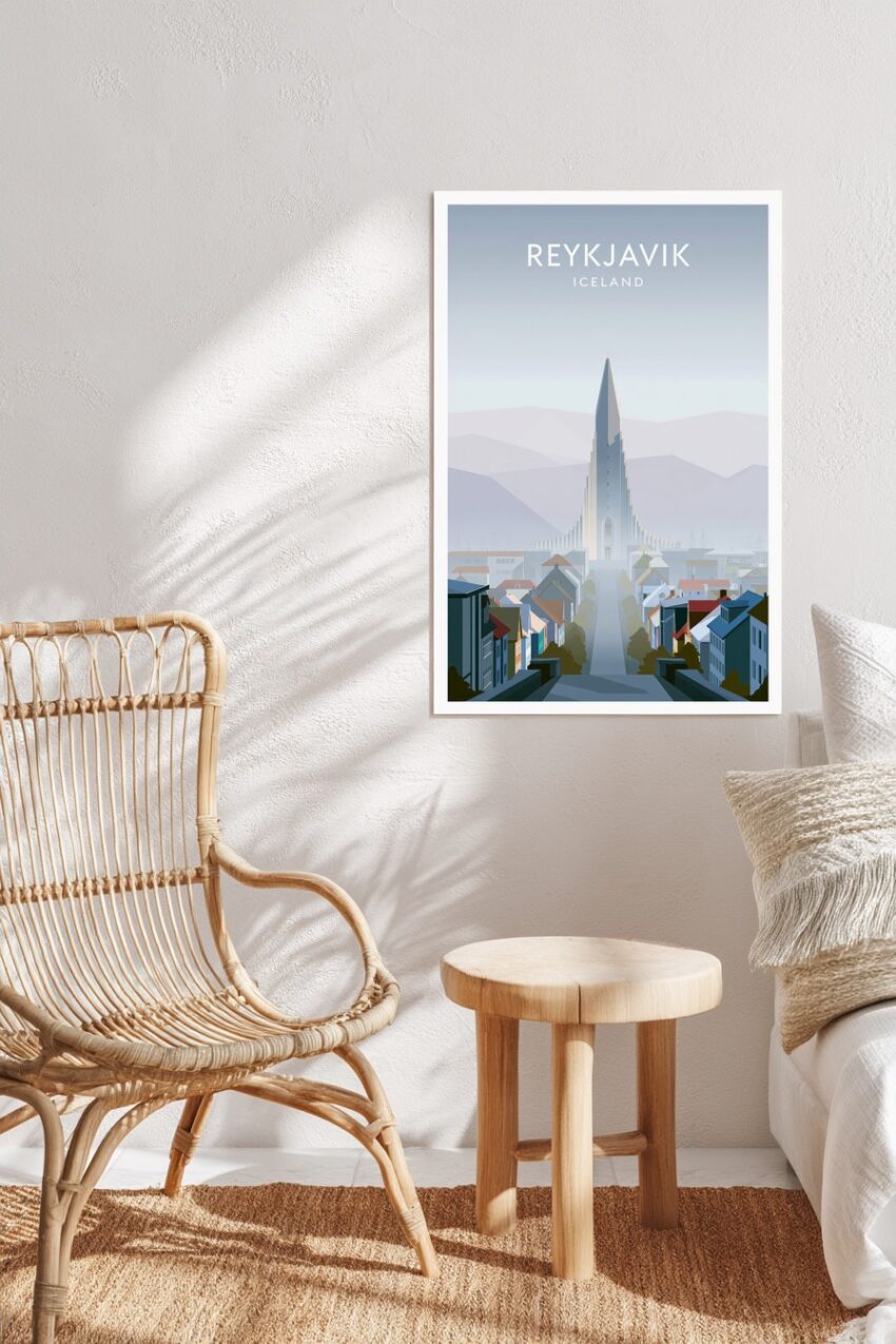 Grafik Poster Hallgrímskirkja Reykjavik kühle Farbpalette minimalistisch