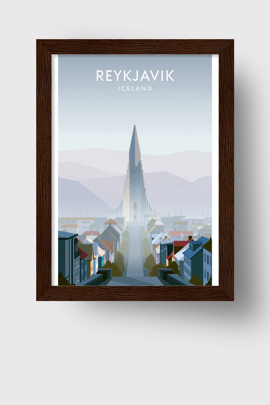 Grafik Poster Hallgrímskirkja Reykjavik kühle Farbpalette minimalistisch
