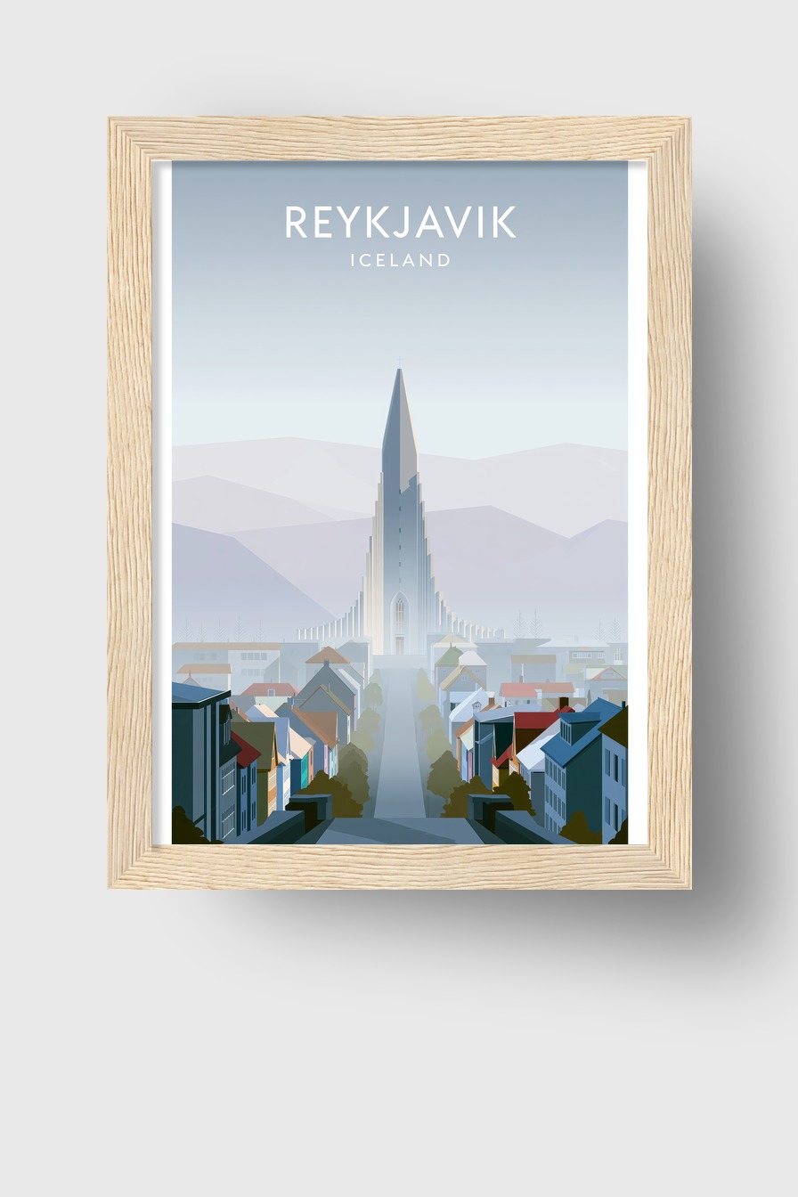 Grafik Poster Hallgrímskirkja Reykjavik kühle Farbpalette minimalistisch