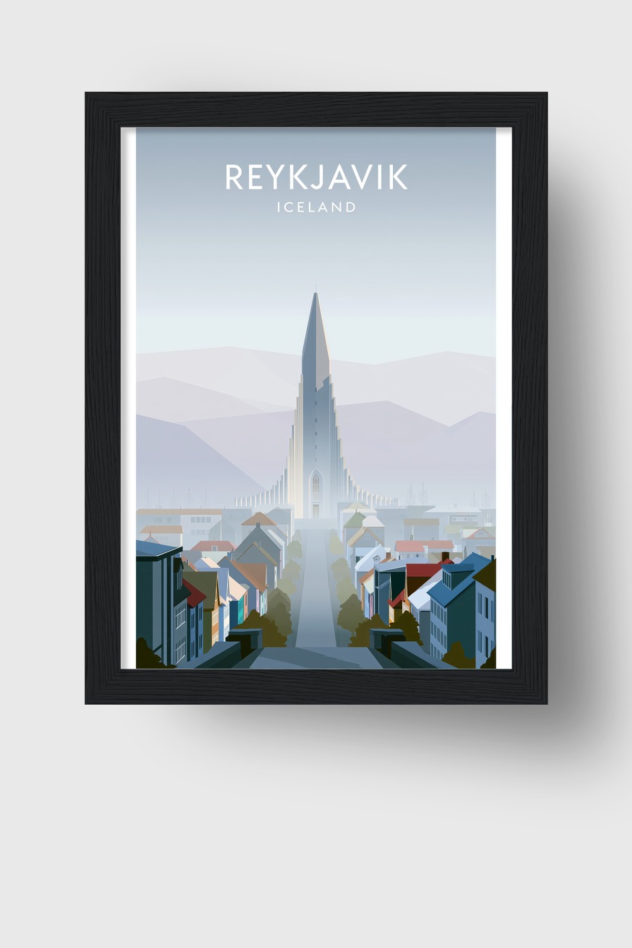 Grafik Poster Hallgrímskirkja Reykjavik kühle Farbpalette minimalistisch