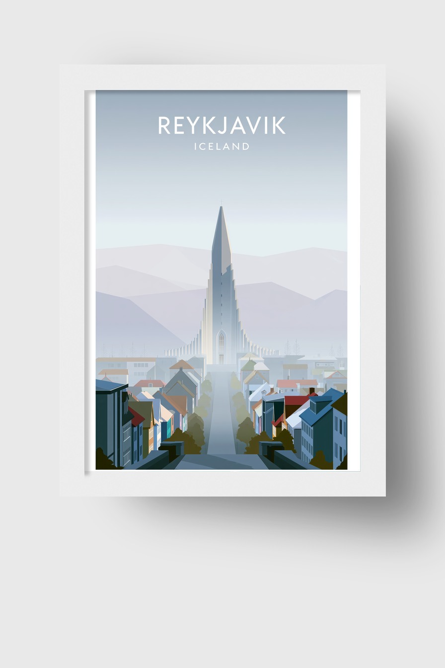 Grafik Poster Hallgrímskirkja Reykjavik kühle Farbpalette minimalistisch