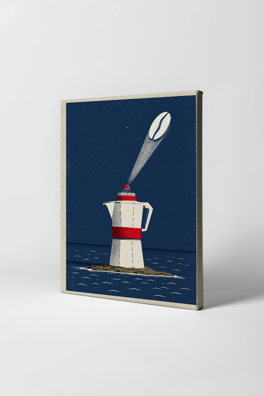 Grafik Poster Kaffeekanne Leuchtturm minimalistisch dunkelblau rot