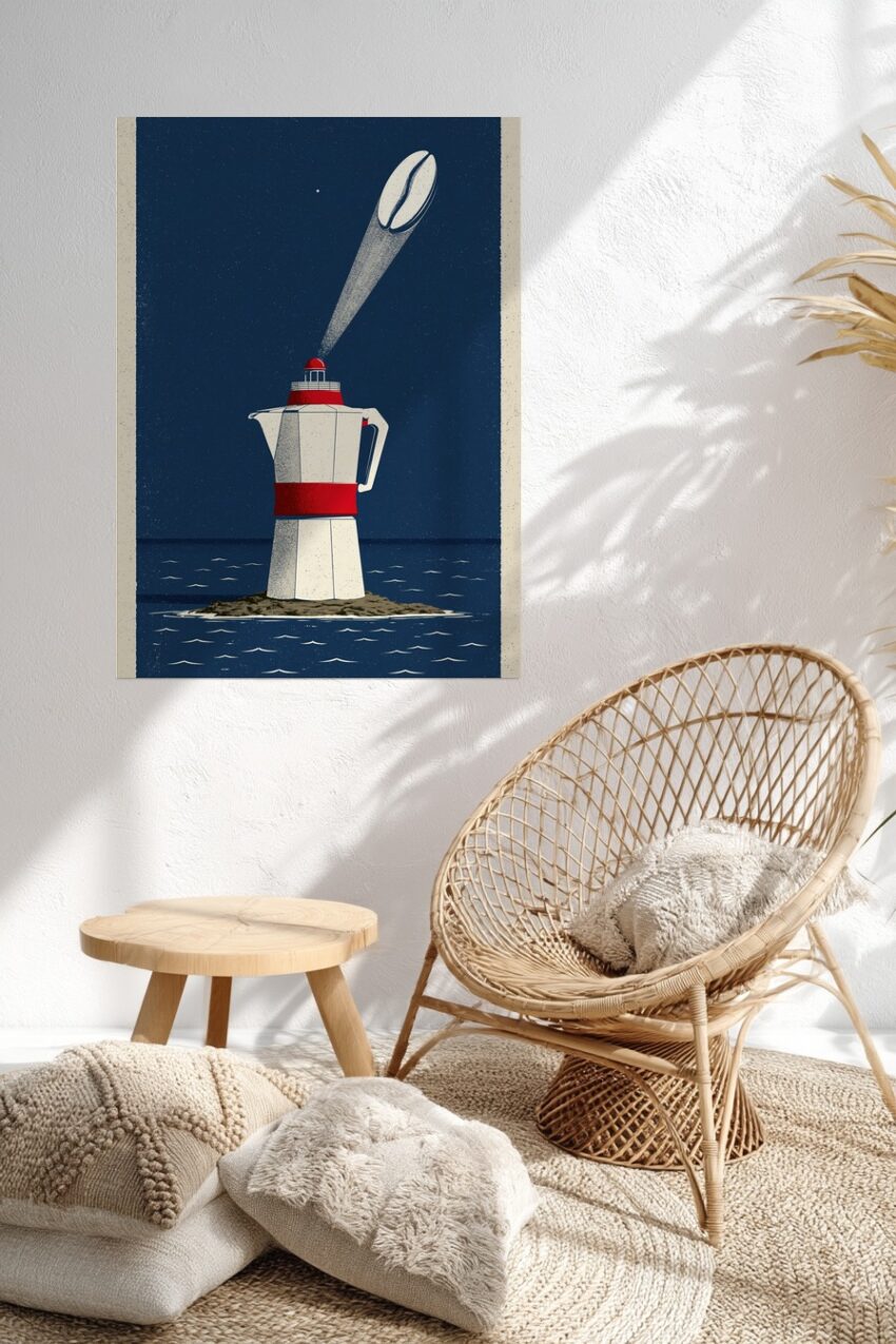Grafik Poster Kaffeekanne Leuchtturm minimalistisch dunkelblau rot