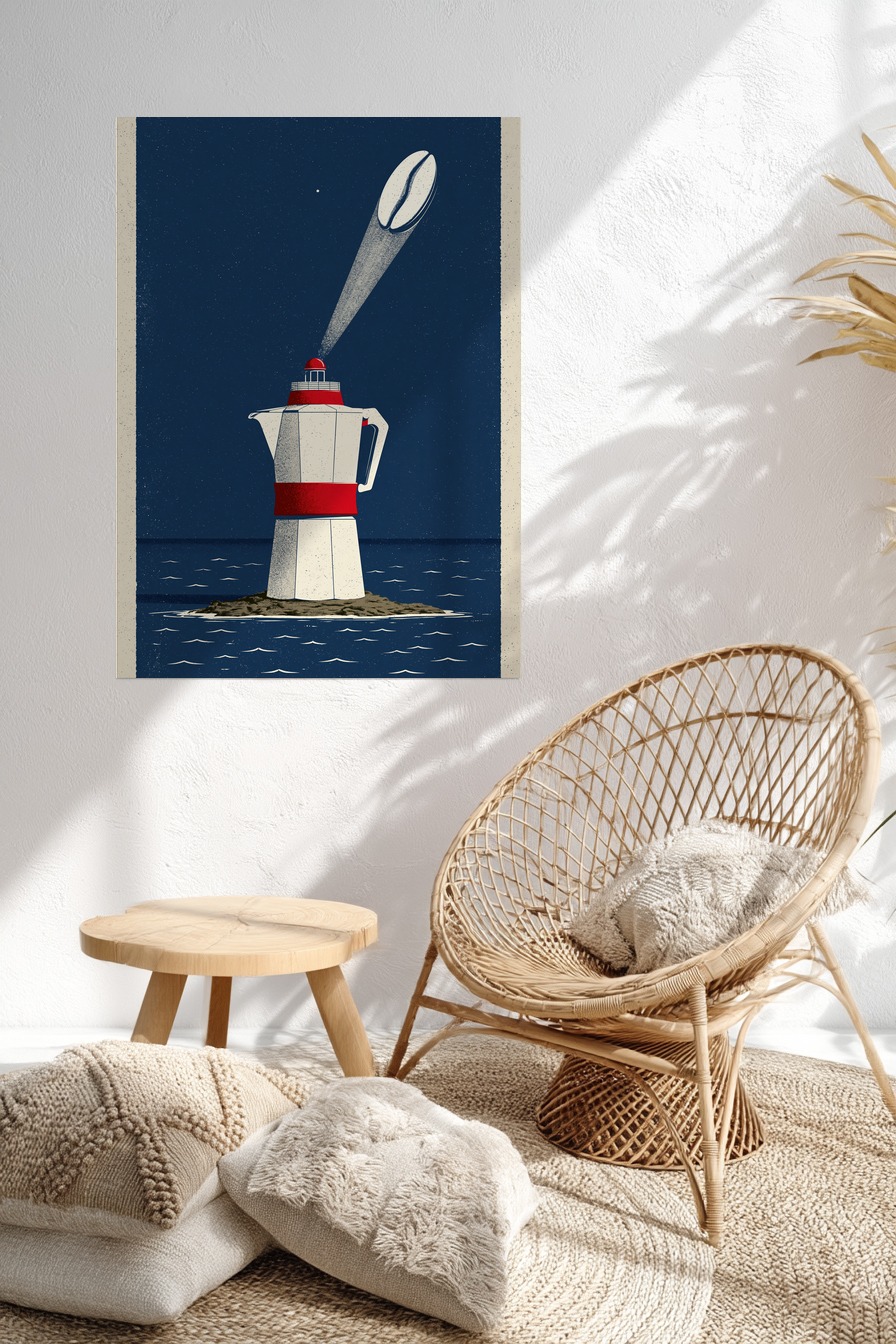 Grafik Poster Kaffeekanne Leuchtturm minimalistisch dunkelblau rot