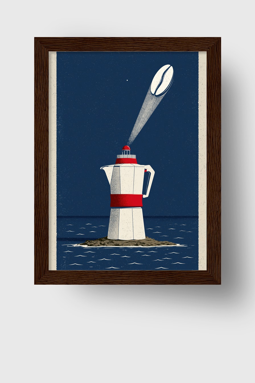 Grafik Poster Kaffeekanne Leuchtturm minimalistisch dunkelblau rot