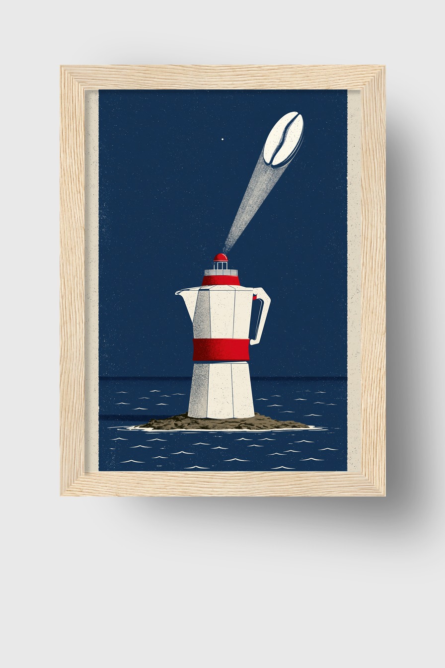 Grafik Poster Kaffeekanne Leuchtturm minimalistisch dunkelblau rot