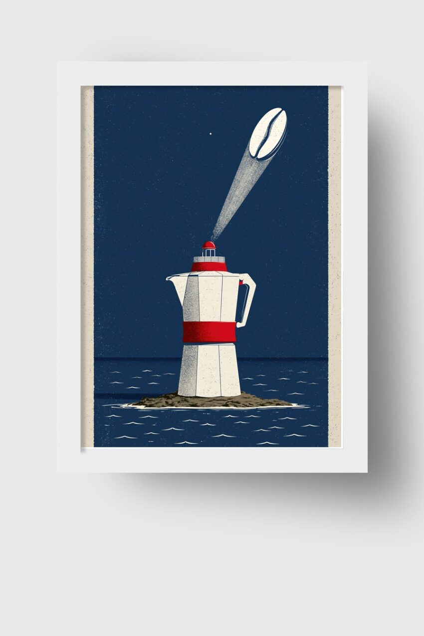 Grafik Poster Kaffeekanne Leuchtturm minimalistisch dunkelblau rot