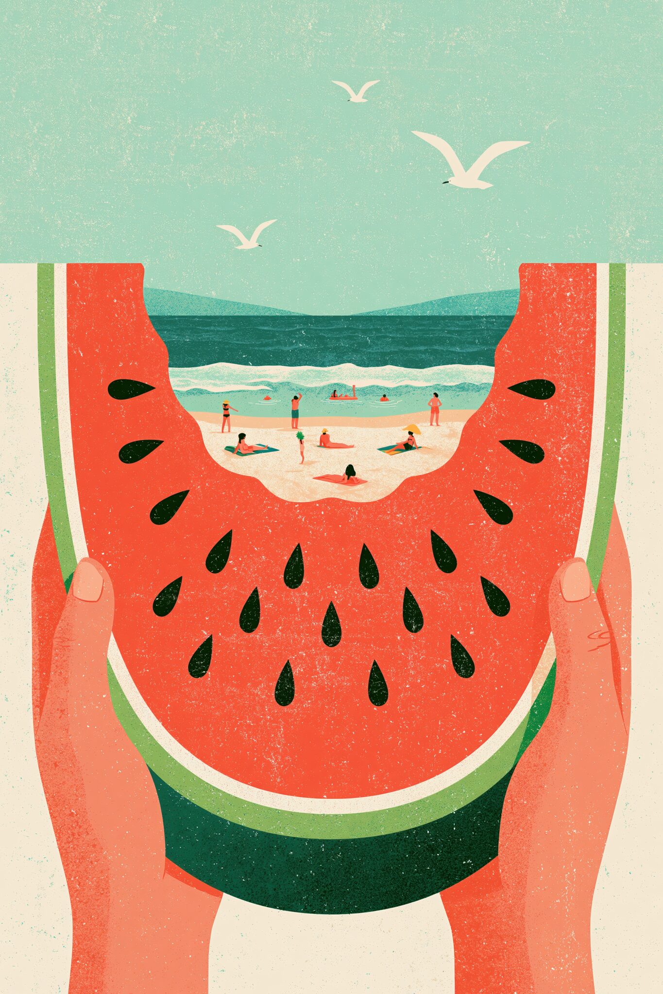Illustration Poster Wassermelone Strand minimalistisch rot grün