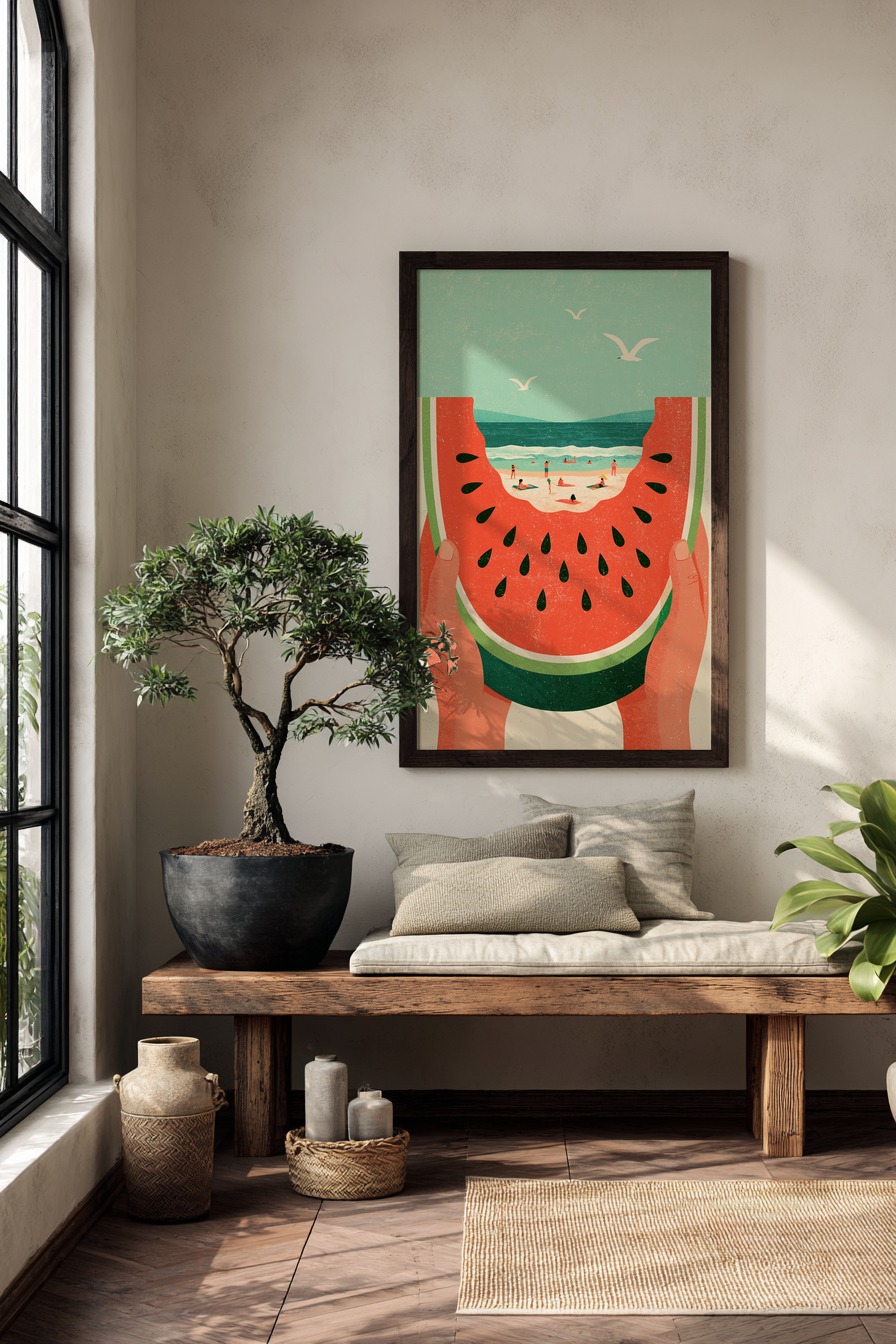 Illustration Poster Wassermelone Strand minimalistisch rot grün