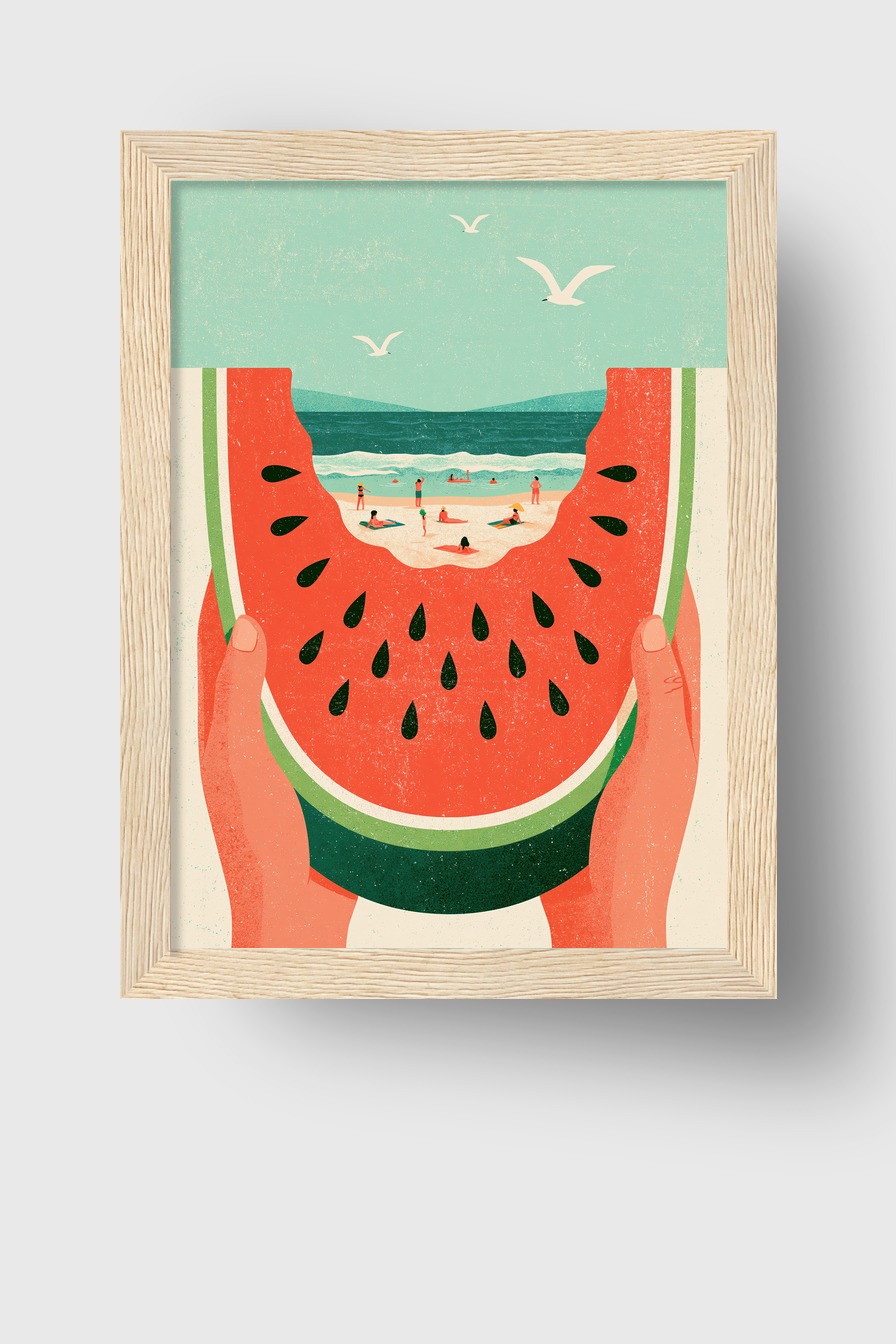 Illustration Poster Wassermelone Strand minimalistisch rot grün