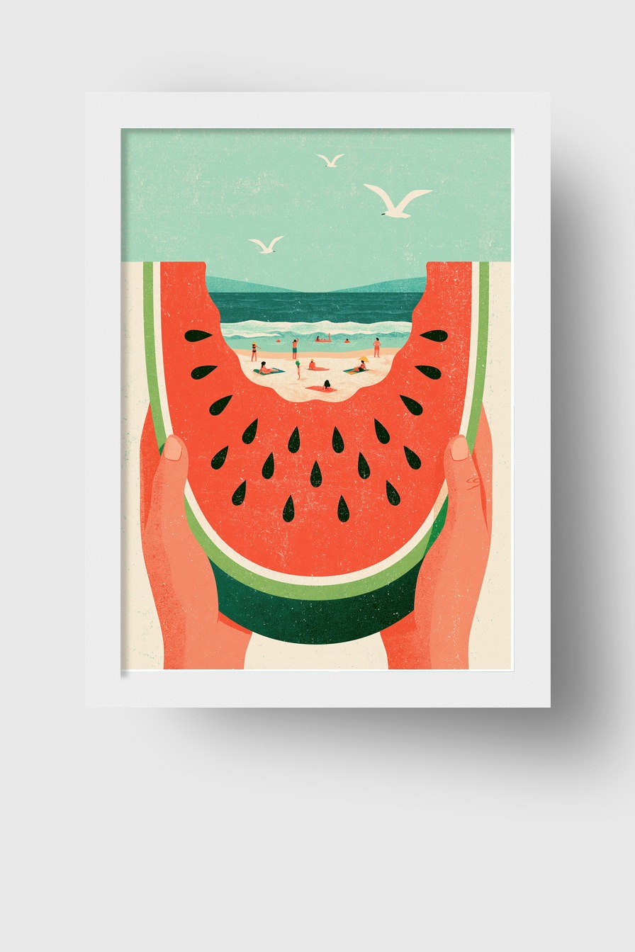 Illustration Poster Wassermelone Strand minimalistisch rot grün