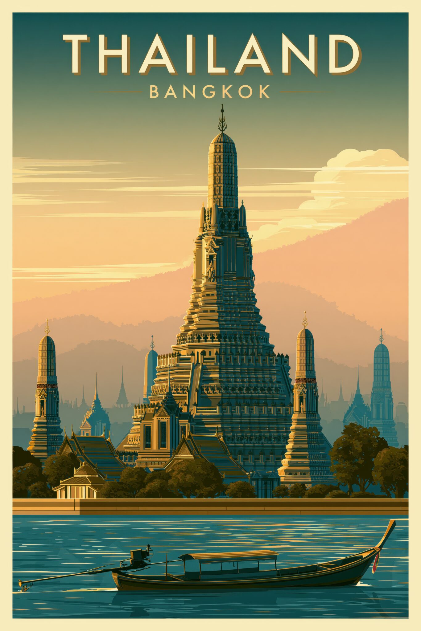 Illustration Poster Tempel Thailand warmes Licht