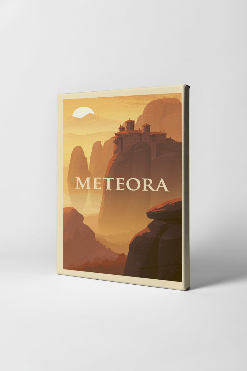 Digitale Kunst Poster Kloster Meteora Berg Felsen orange