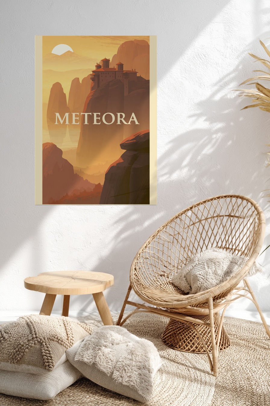 Digitale Kunst Poster Kloster Meteora Berg Felsen orange