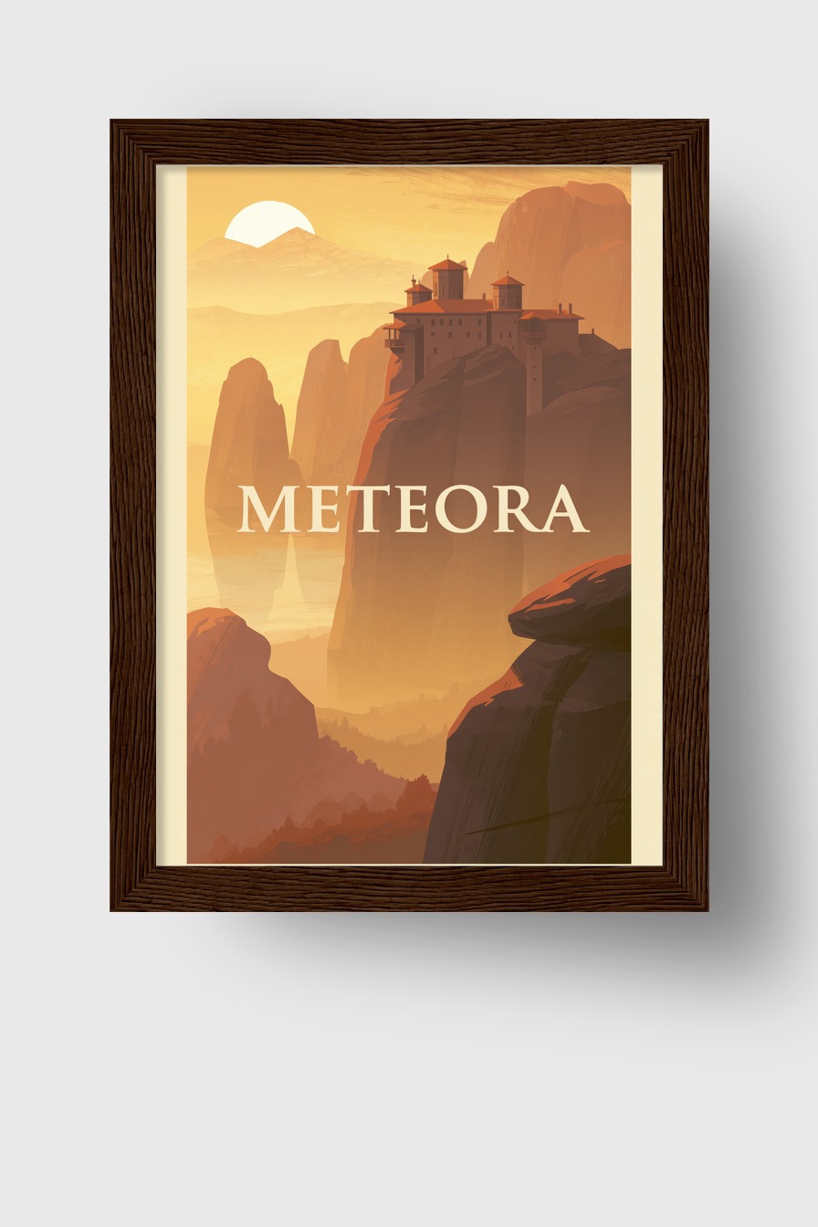 Digitale Kunst Poster Kloster Meteora Berg Felsen orange