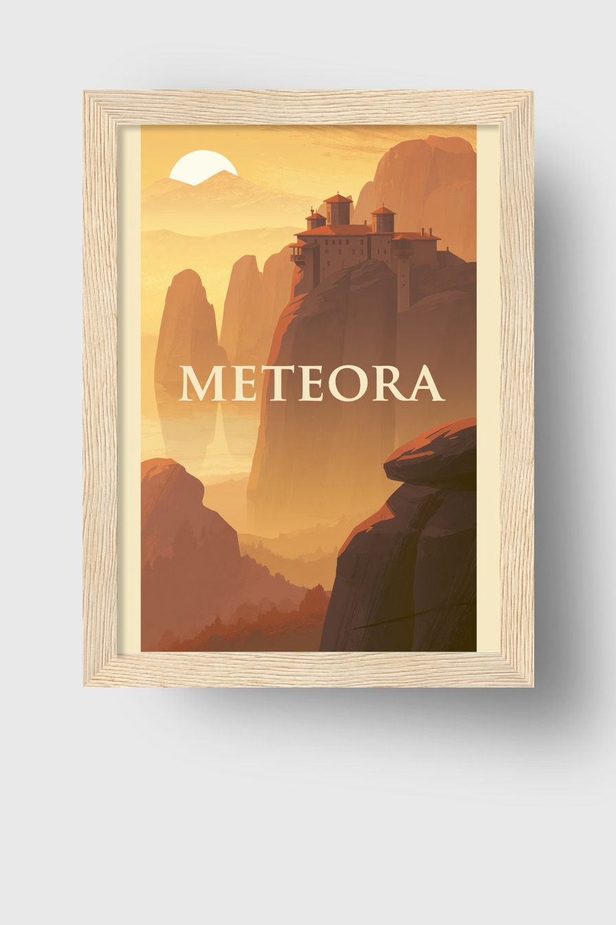 Digitale Kunst Poster Kloster Meteora Berg Felsen orange