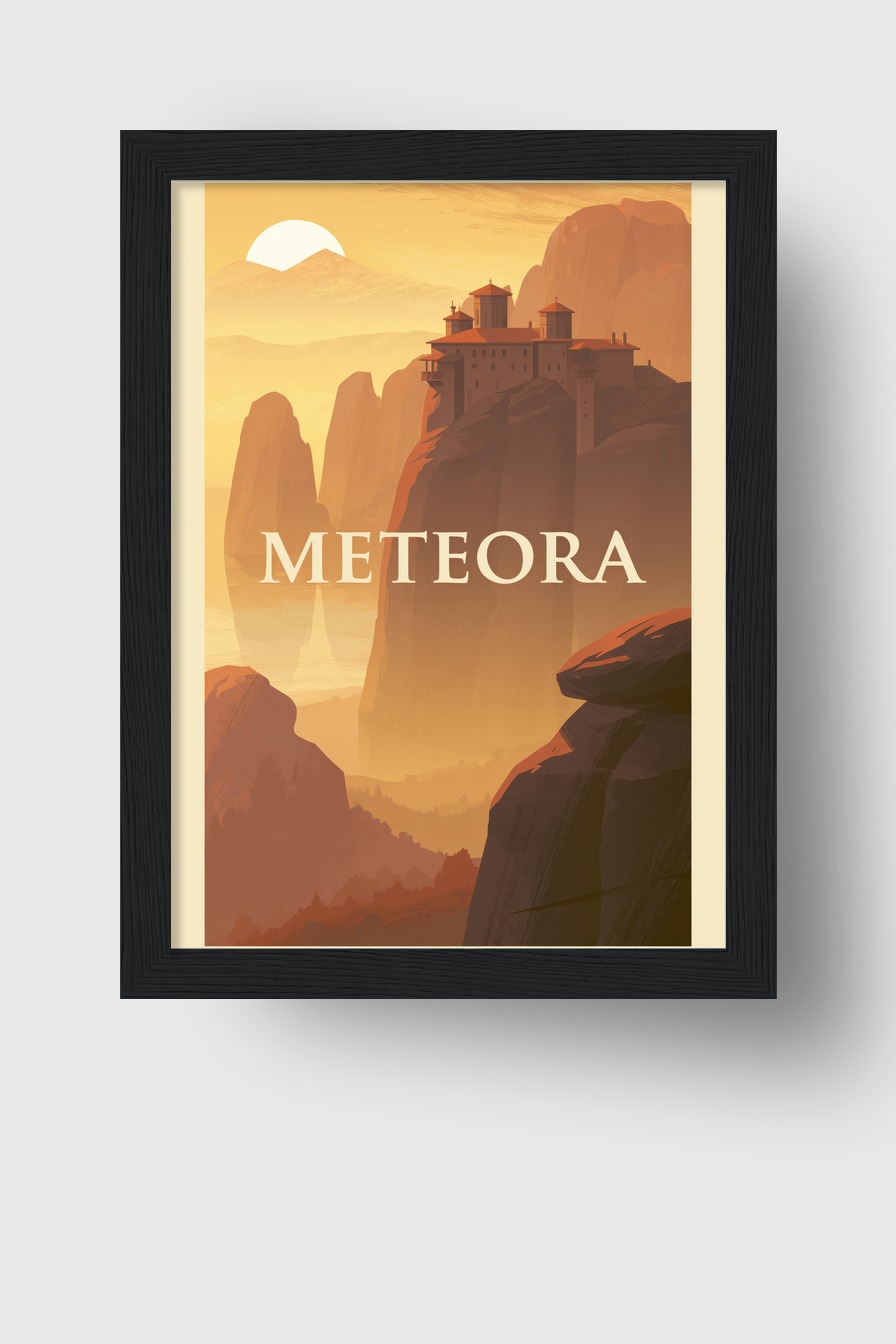 Digitale Kunst Poster Kloster Meteora Berg Felsen orange