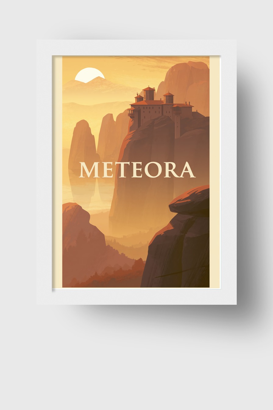 Digitale Kunst Poster Kloster Meteora Berg Felsen orange