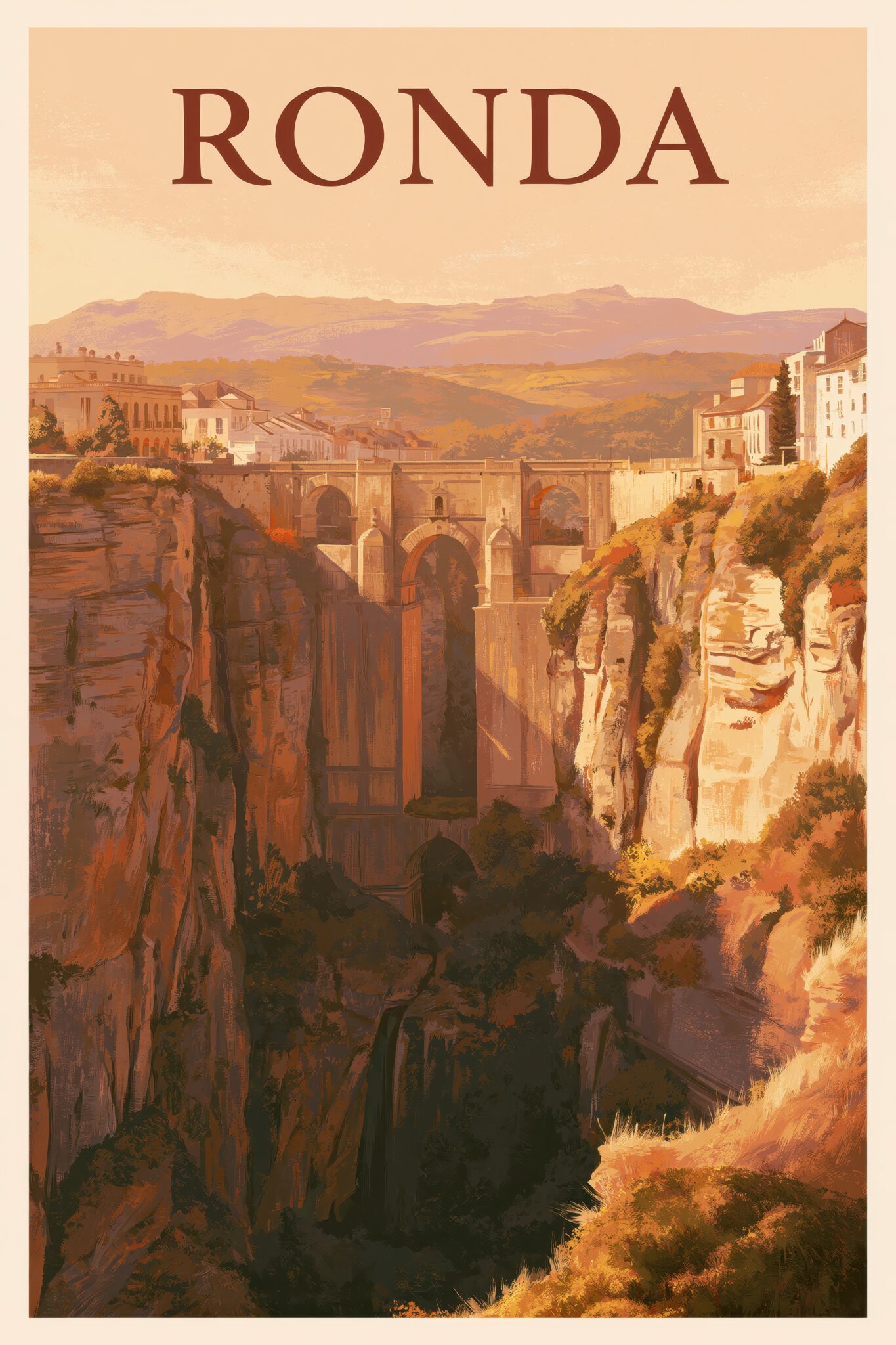 Illustration Poster Ronda Brücke Sonnenlicht warm