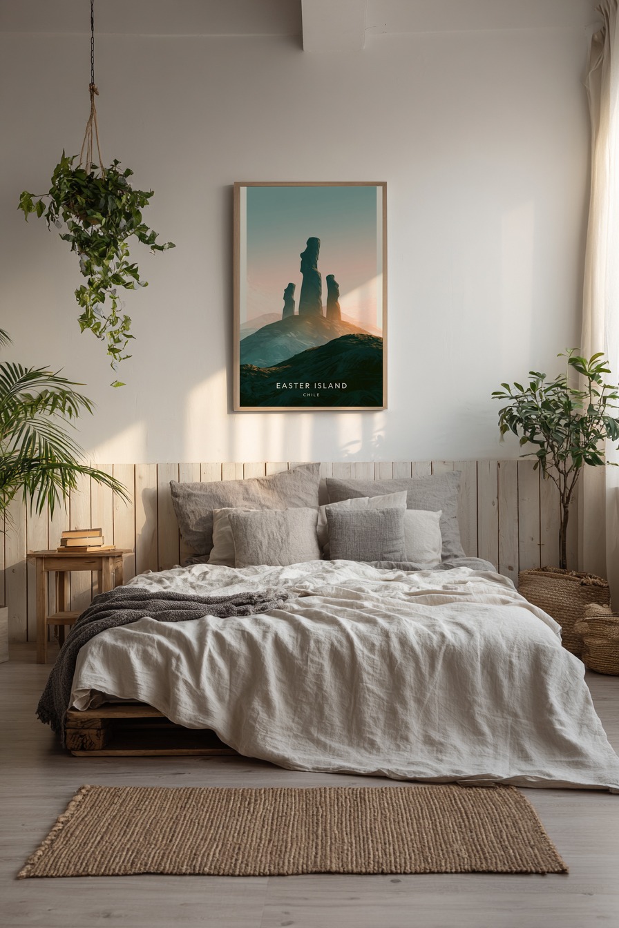 Digitale Kunst Poster Moai Steine Silhouette Pastellfarben