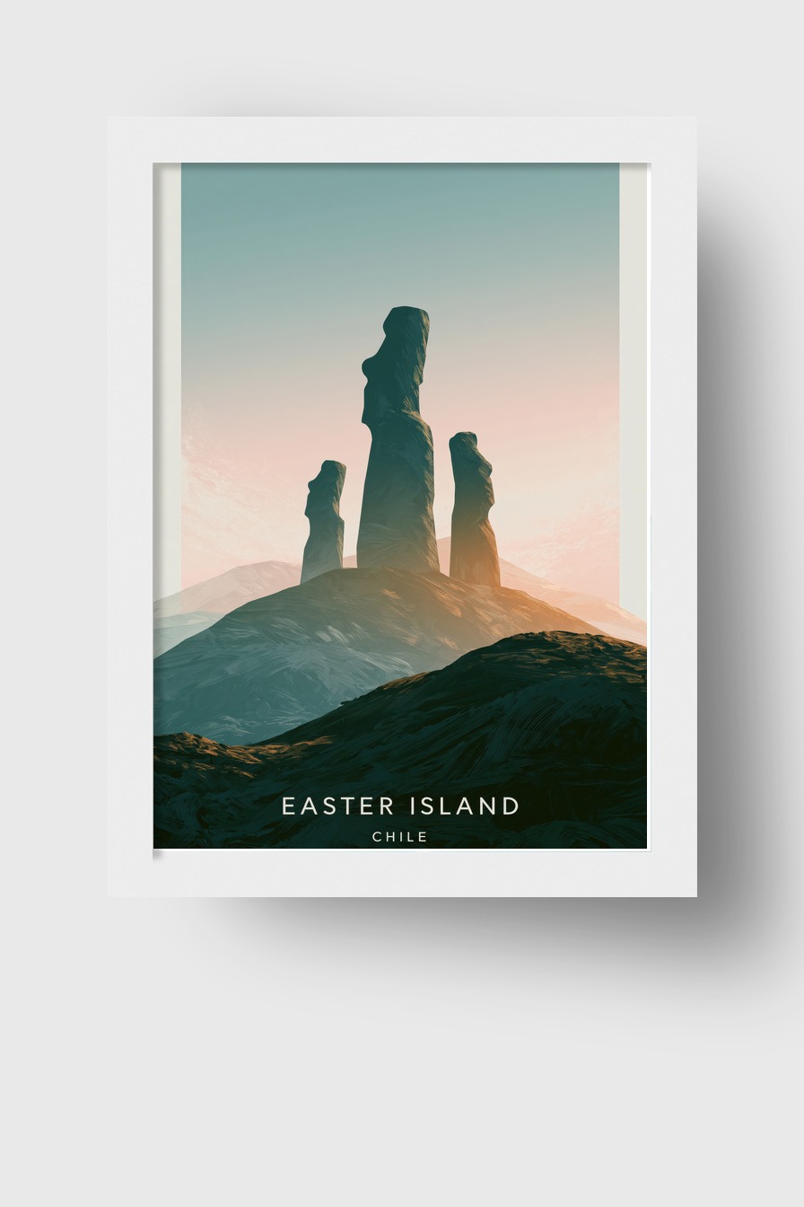Digitale Kunst Poster Moai Steine Silhouette Pastellfarben