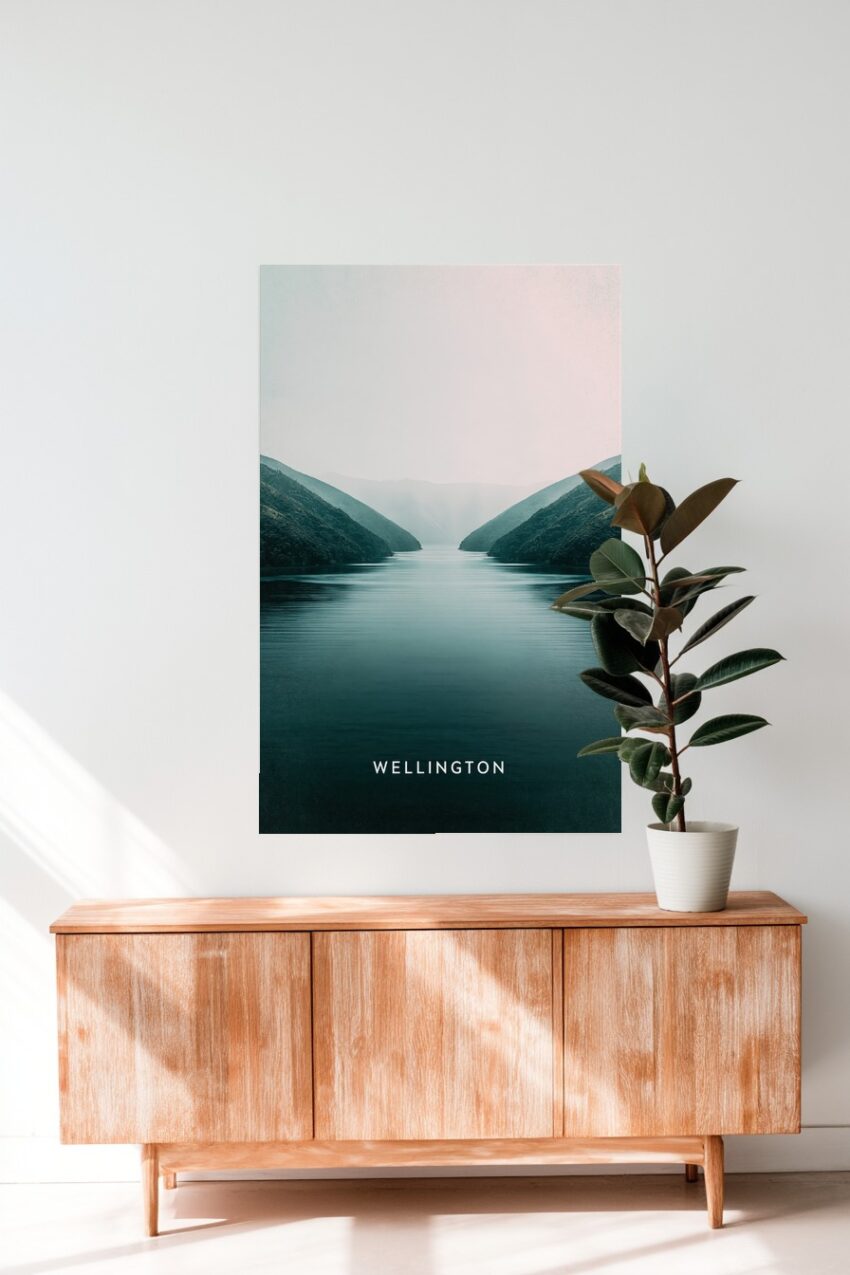 Fotografie Poster Fjord Spiegelung beruhigend blau grün