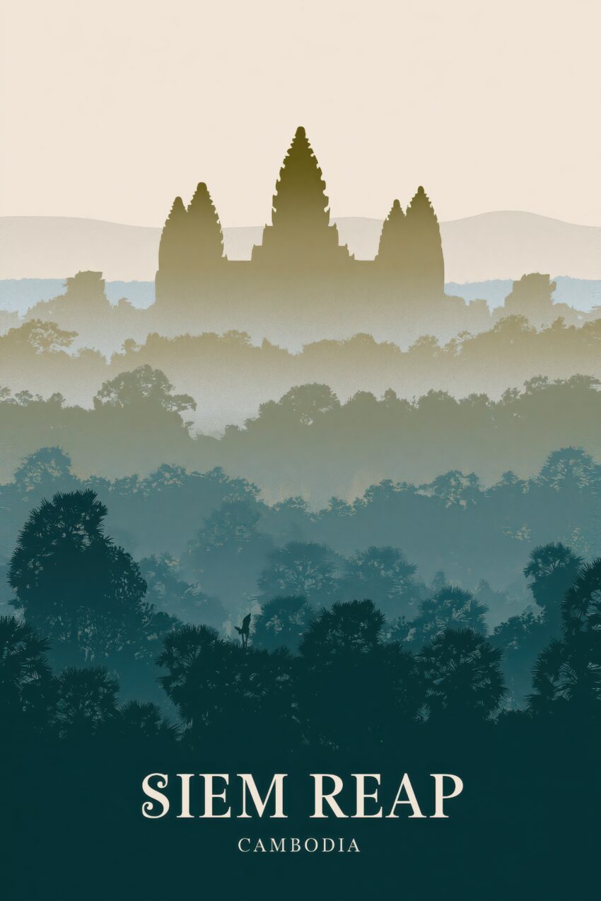 Illustration Poster Tempel Silhouette Nebel blaugrau beige