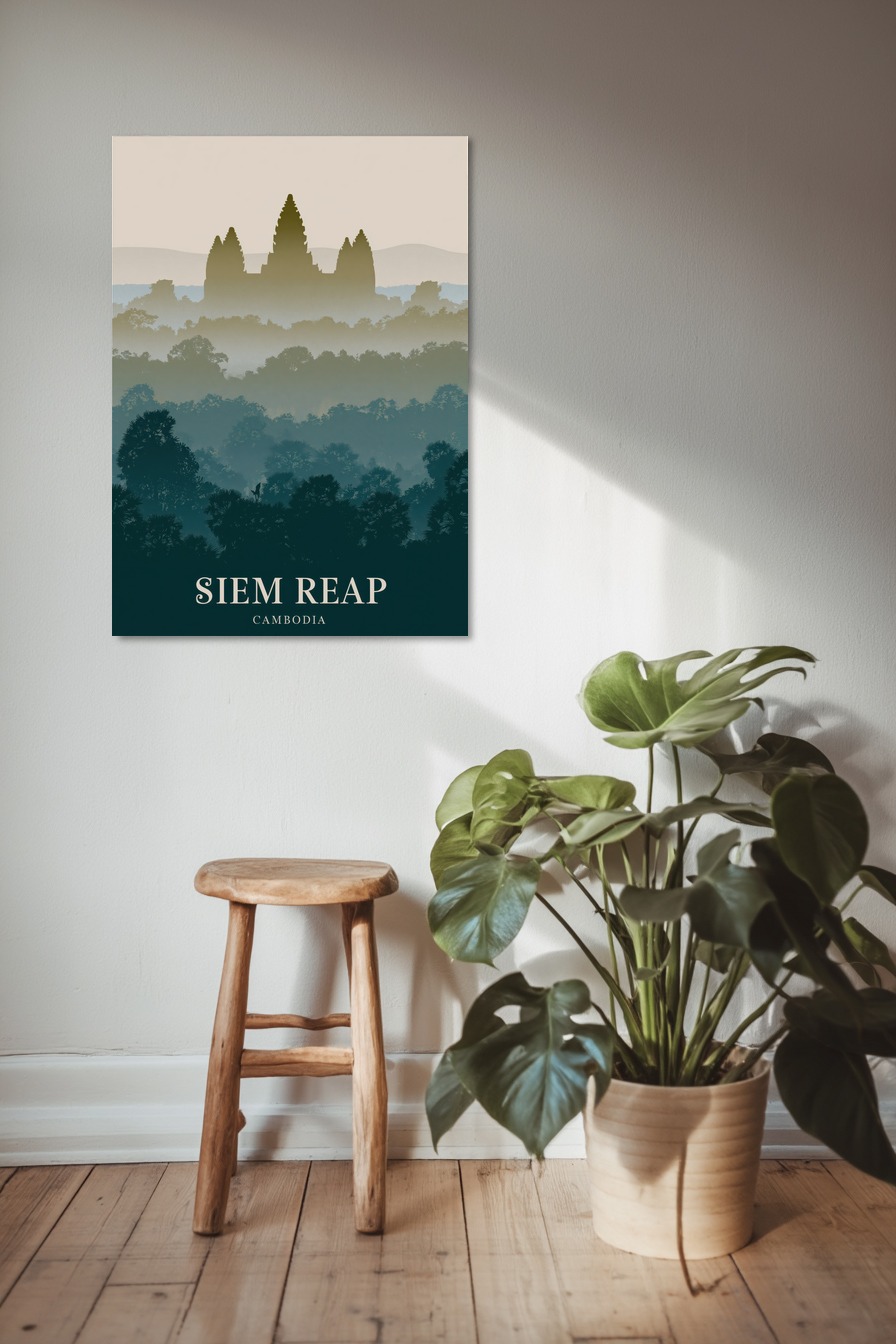 Illustration Poster Tempel Silhouette Nebel blaugrau beige