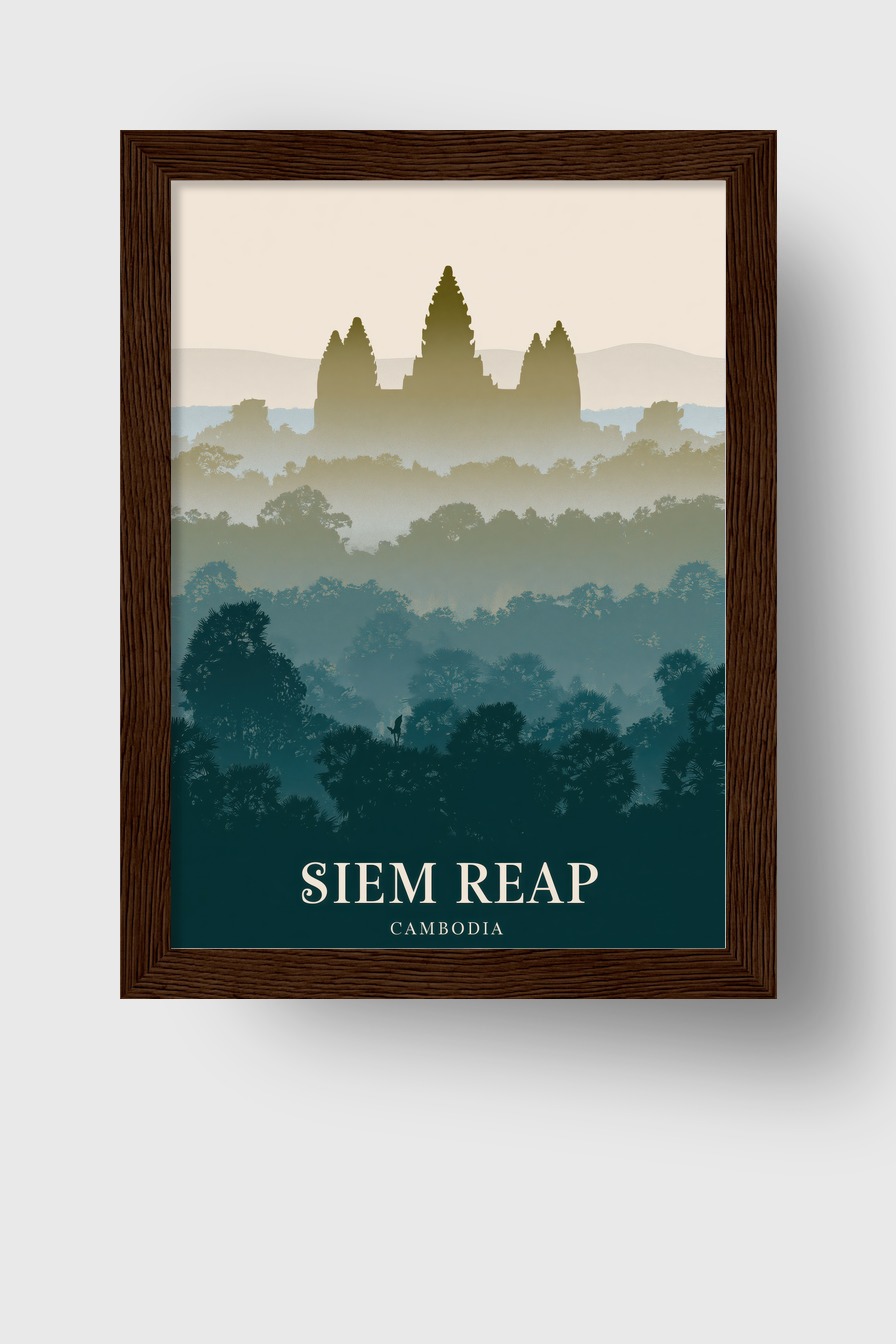 Illustration Poster Tempel Silhouette Nebel blaugrau beige