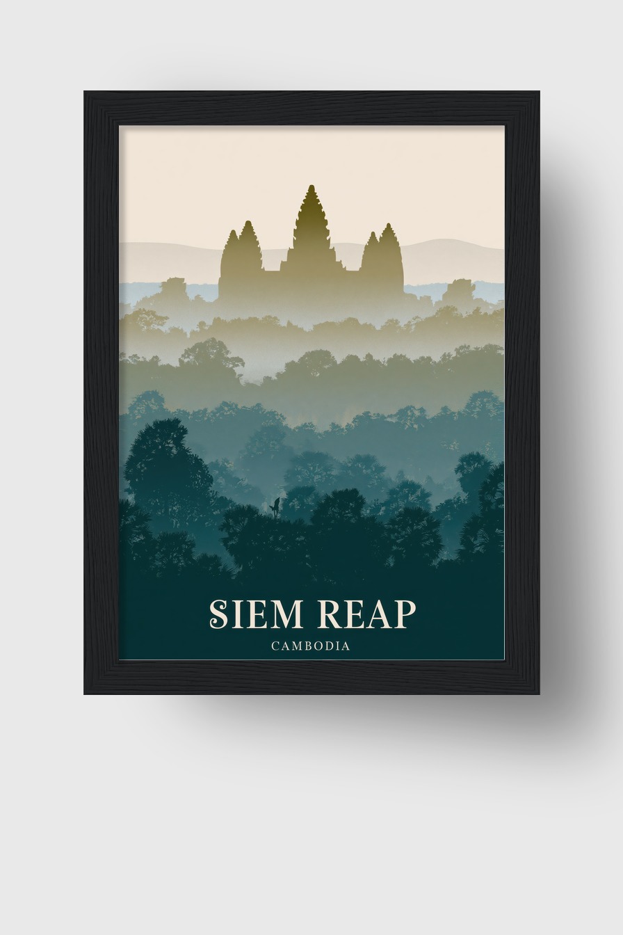 Illustration Poster Tempel Silhouette Nebel blaugrau beige