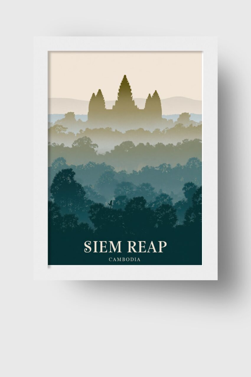 Illustration Poster Tempel Silhouette Nebel blaugrau beige