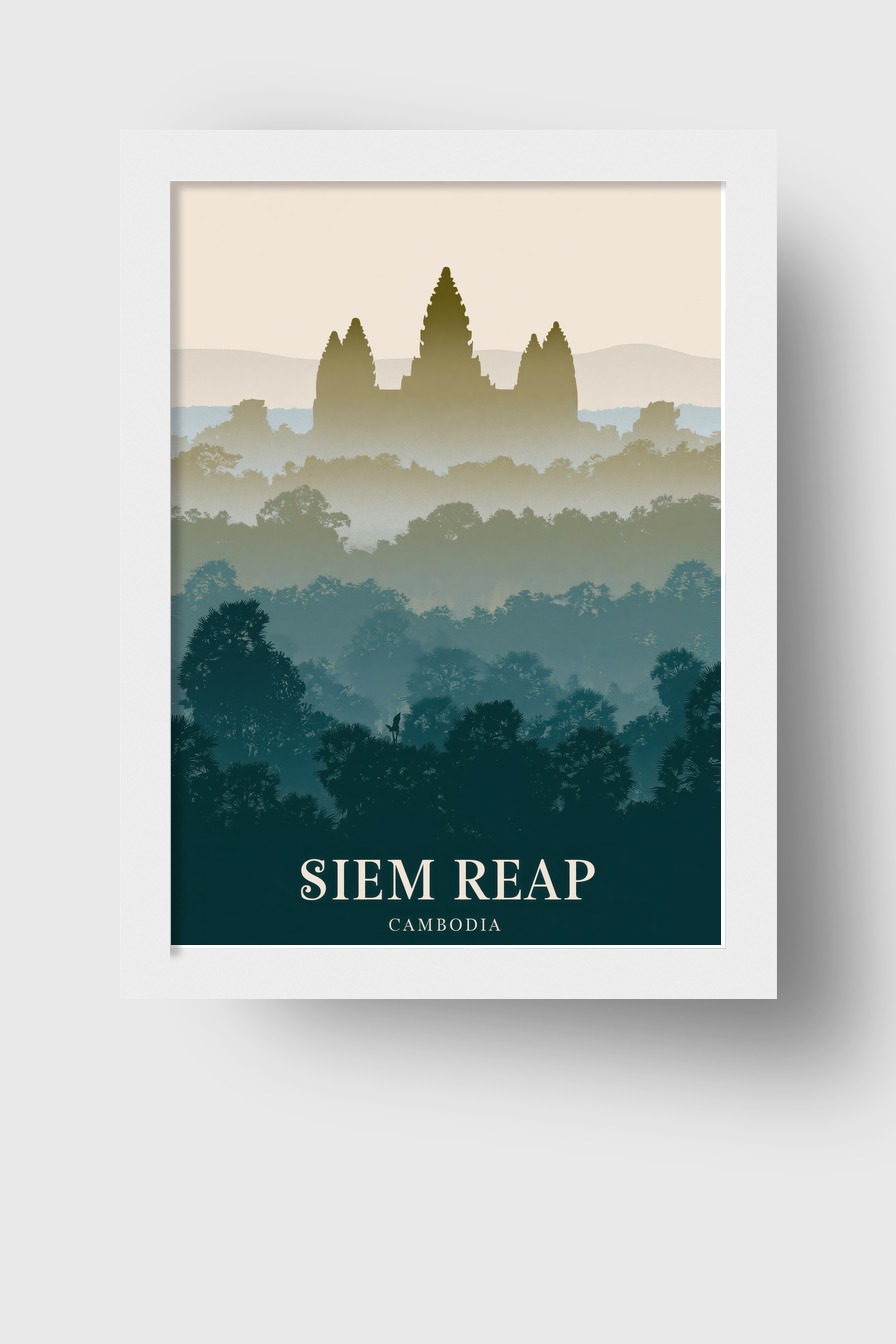 Illustration Poster Tempel Silhouette Nebel blaugrau beige