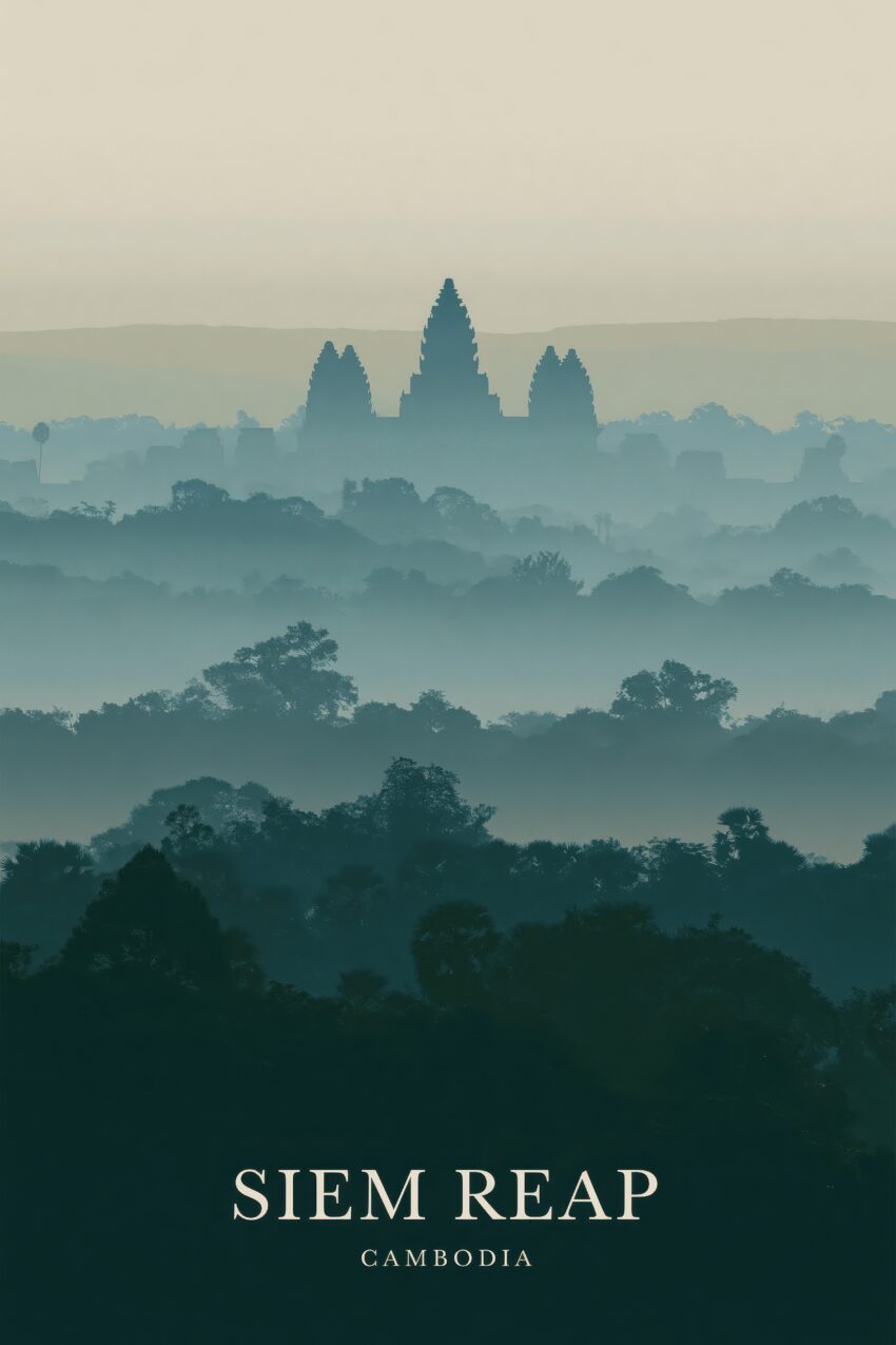Fotografie Poster angkor wat Nebel Silhouette grün blau