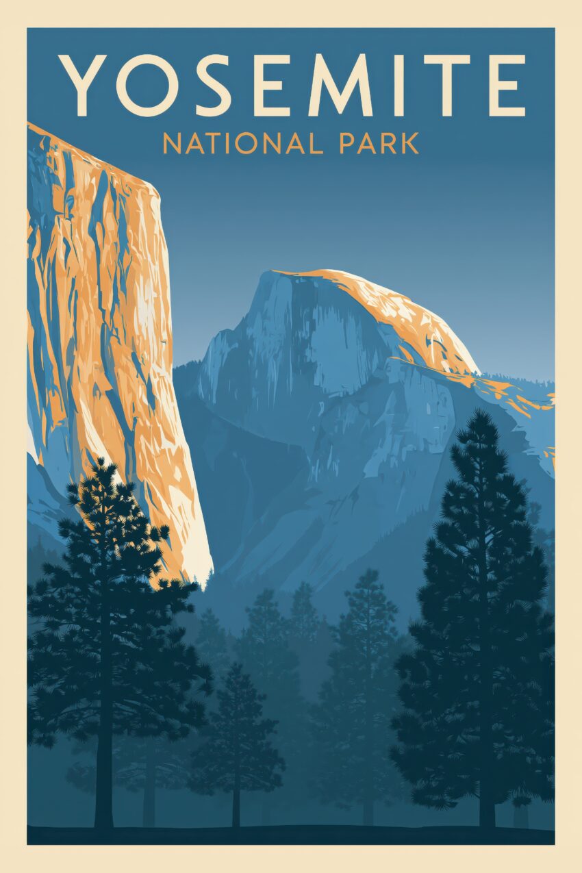 Grafik Poster yosemite Felswand blau orange minimalistisch