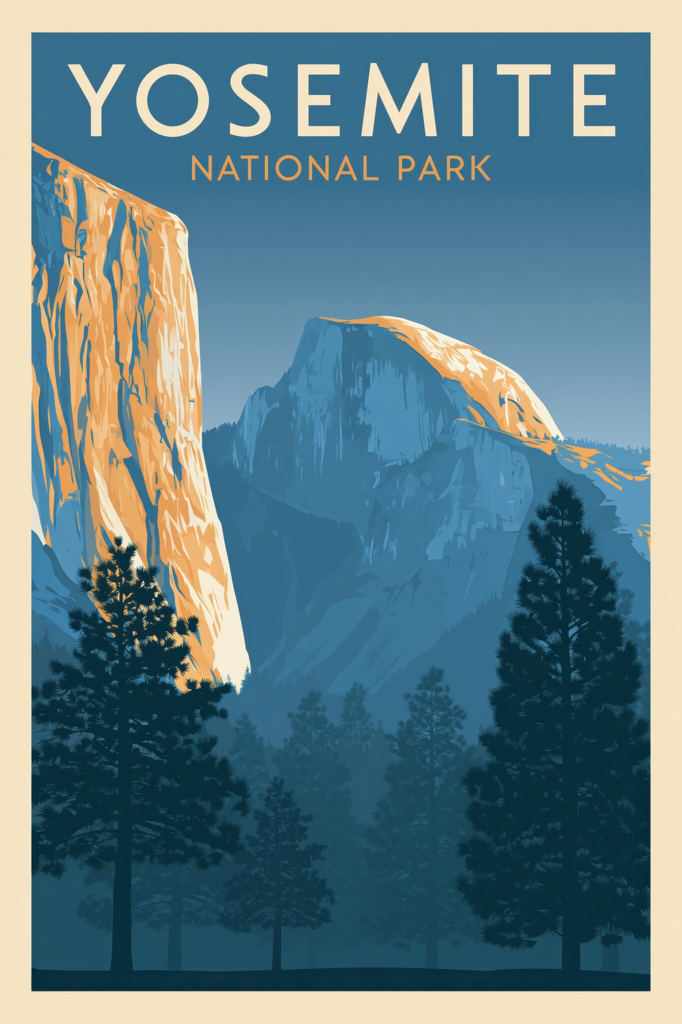 Grafik Poster yosemite Felswand blau orange minimalistisch