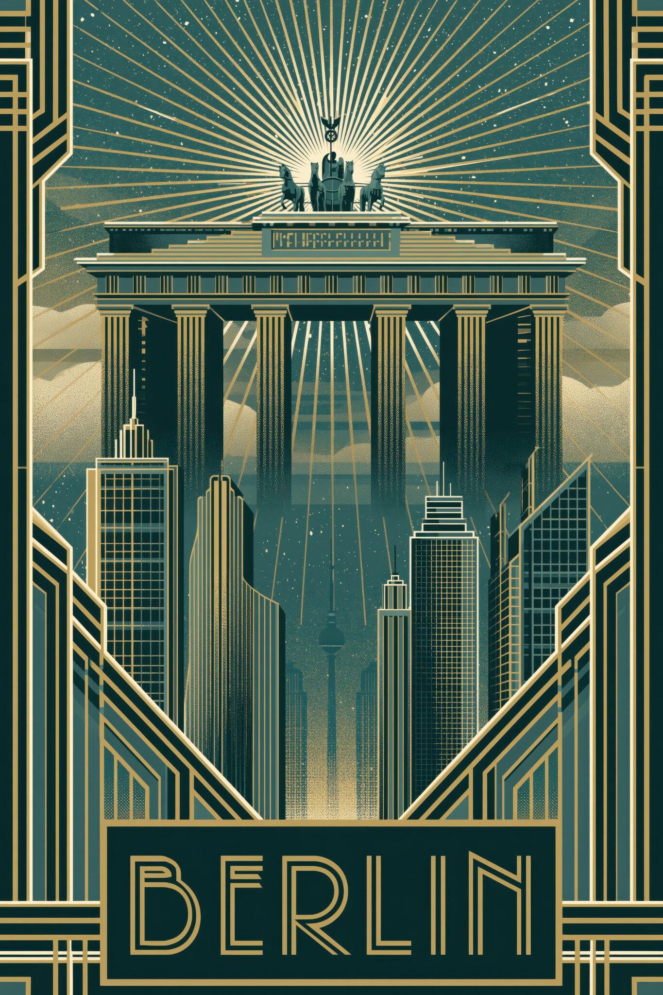 Illustration Poster Brandenburger Tor Berlin Art déco Nacht blau gold