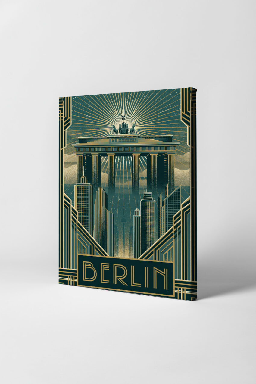 Illustration Poster Brandenburger Tor Berlin Art déco Nacht blau gold