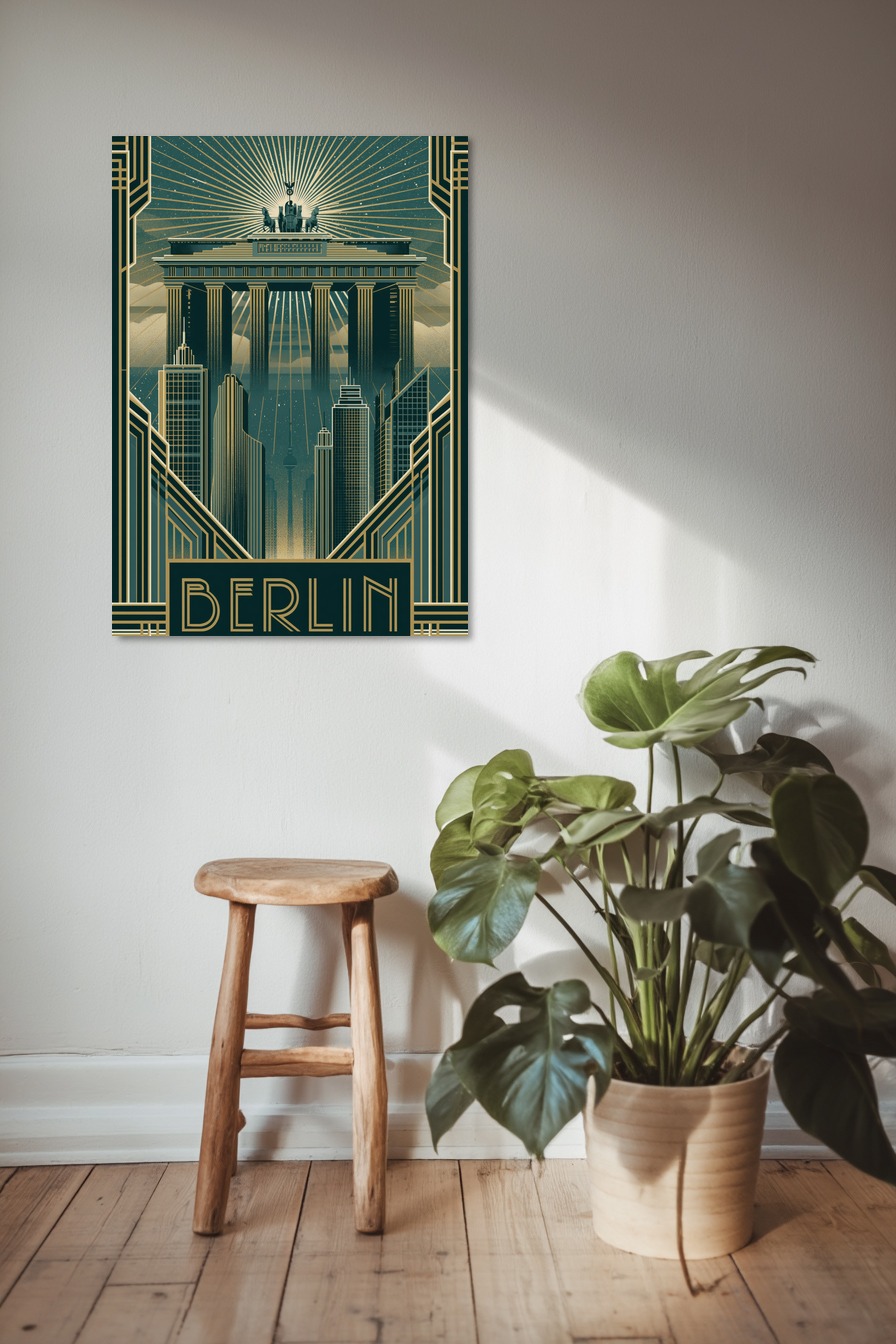 Illustration Poster Brandenburger Tor Berlin Art déco Nacht blau gold