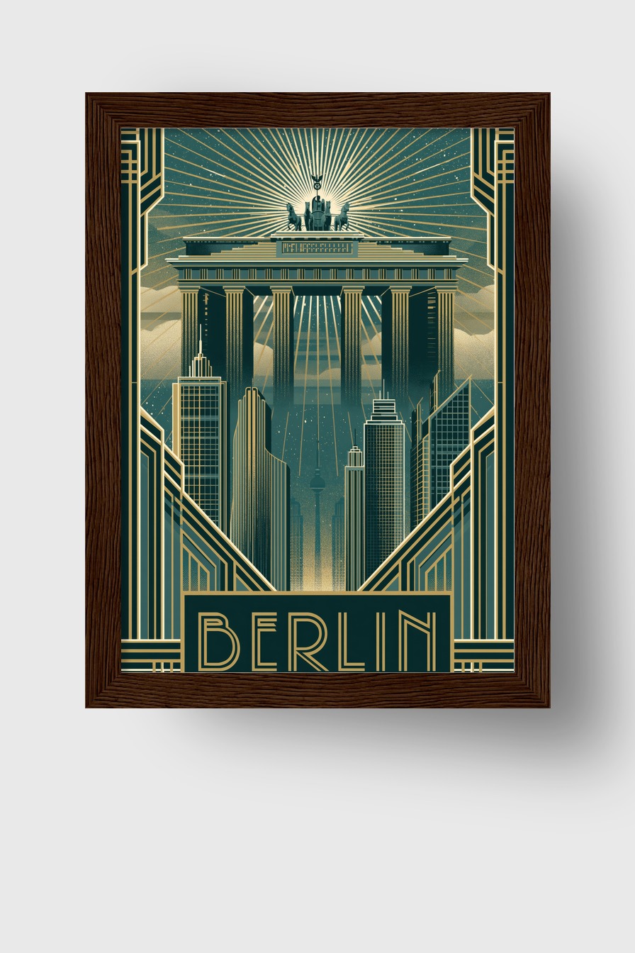 Illustration Poster Brandenburger Tor Berlin Art déco Nacht blau gold