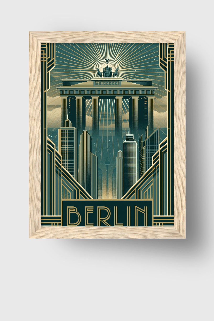 Illustration Poster Brandenburger Tor Berlin Art déco Nacht blau gold
