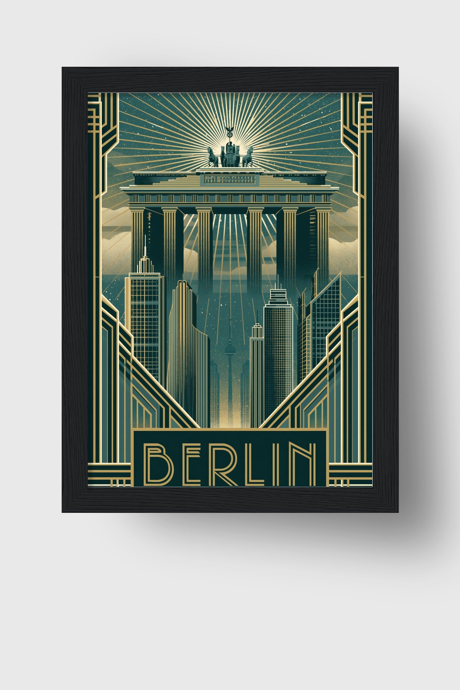 Illustration Poster Brandenburger Tor Berlin Art déco Nacht blau gold