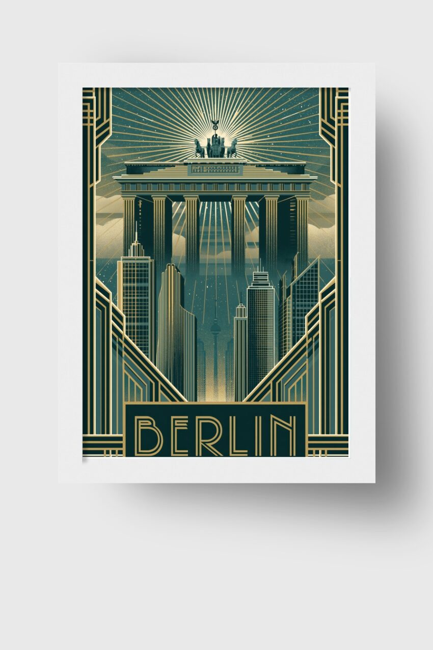 Illustration Poster Brandenburger Tor Berlin Art déco Nacht blau gold