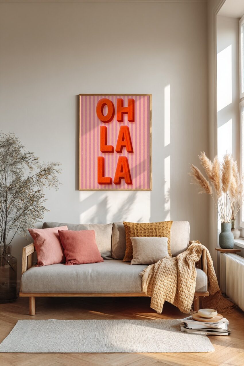 Grafik Poster Schriftzug Oh La La rot rosa Streifen