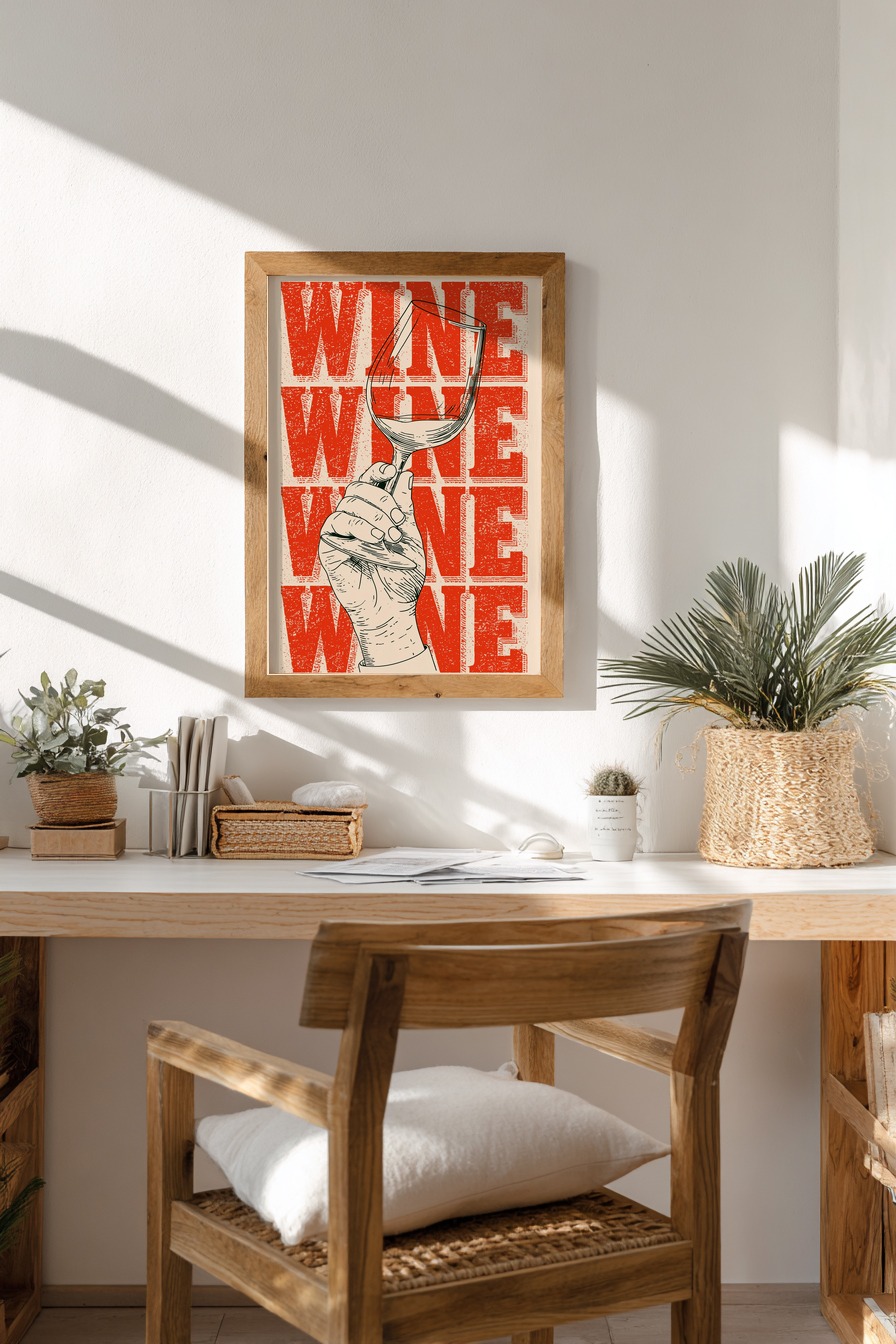 Illustration Poster Weinglas Hand minimal rot